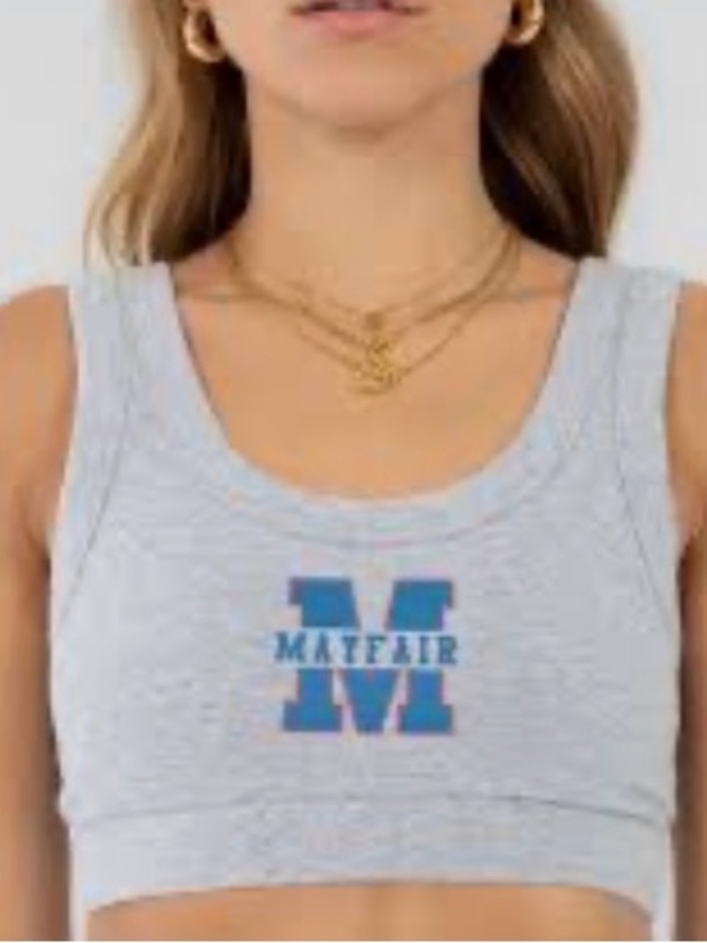 The Mayfair group bralette grey with blue logo varsity feel size XS
